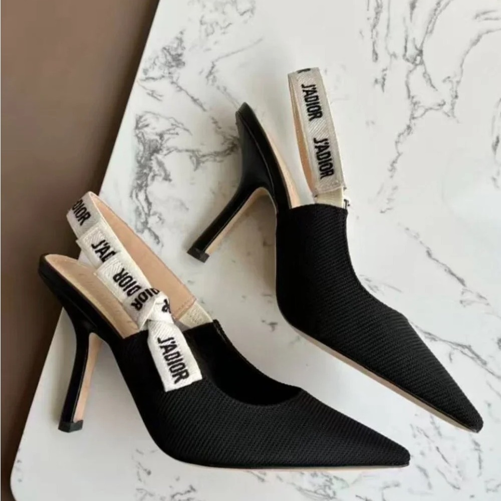 Dior Black Pointed Slingback Heels with White Logo Strap. - Picture 2 of 9